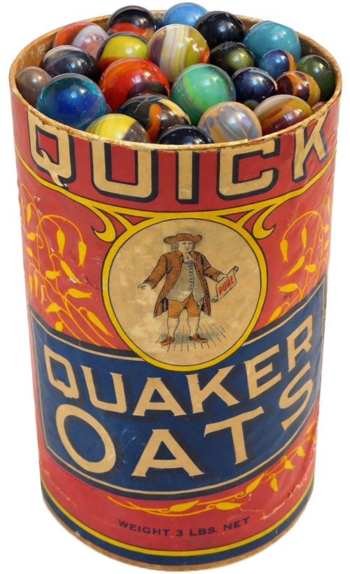 Vintage marbles in old Quaker Oats container